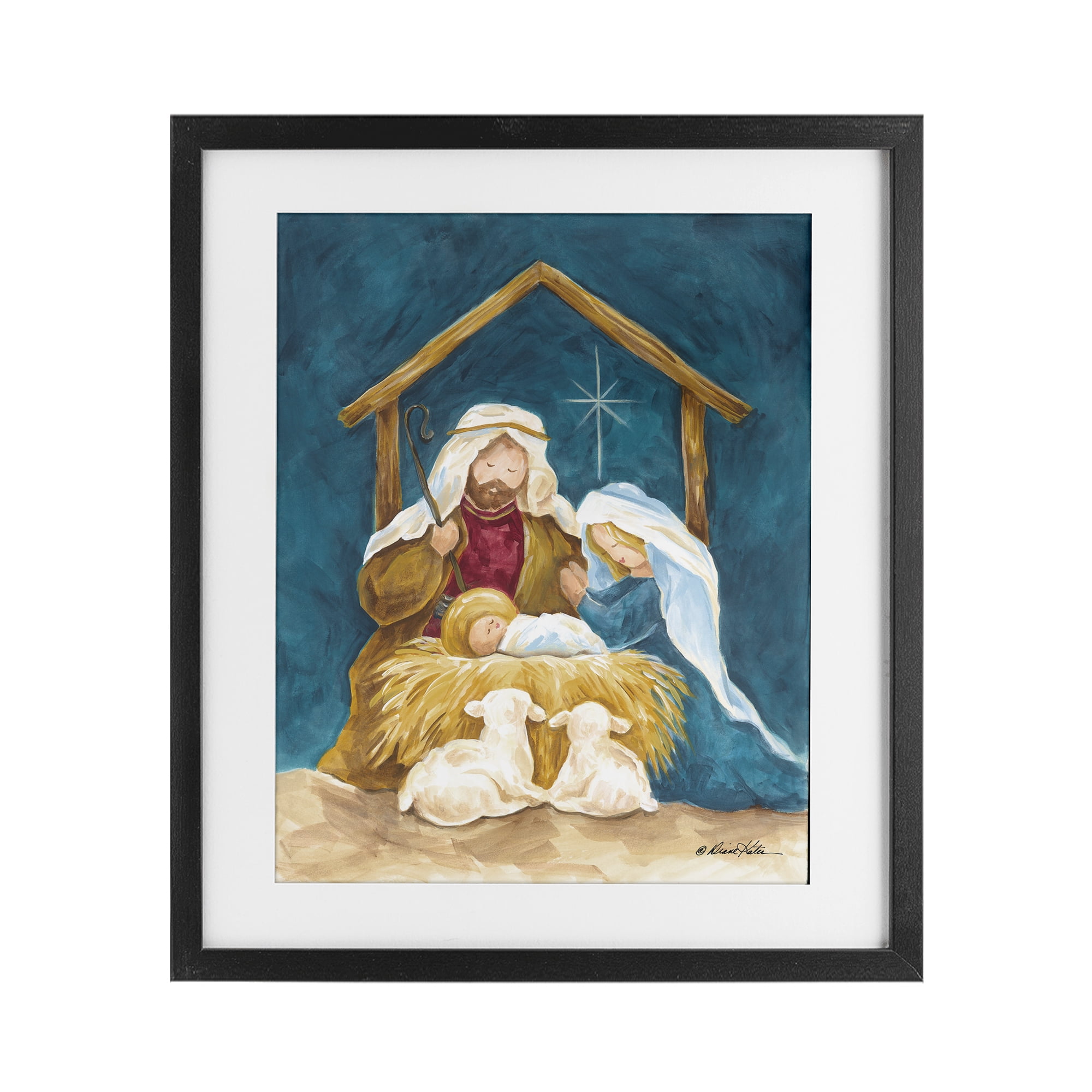 Comforting Nativity Painting Black Framed Print Under Glass, design by Diane Kater