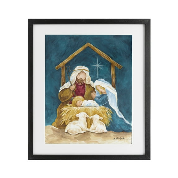 Comforting Nativity Painting Black Framed Print Under Glass, design by Diane Kater