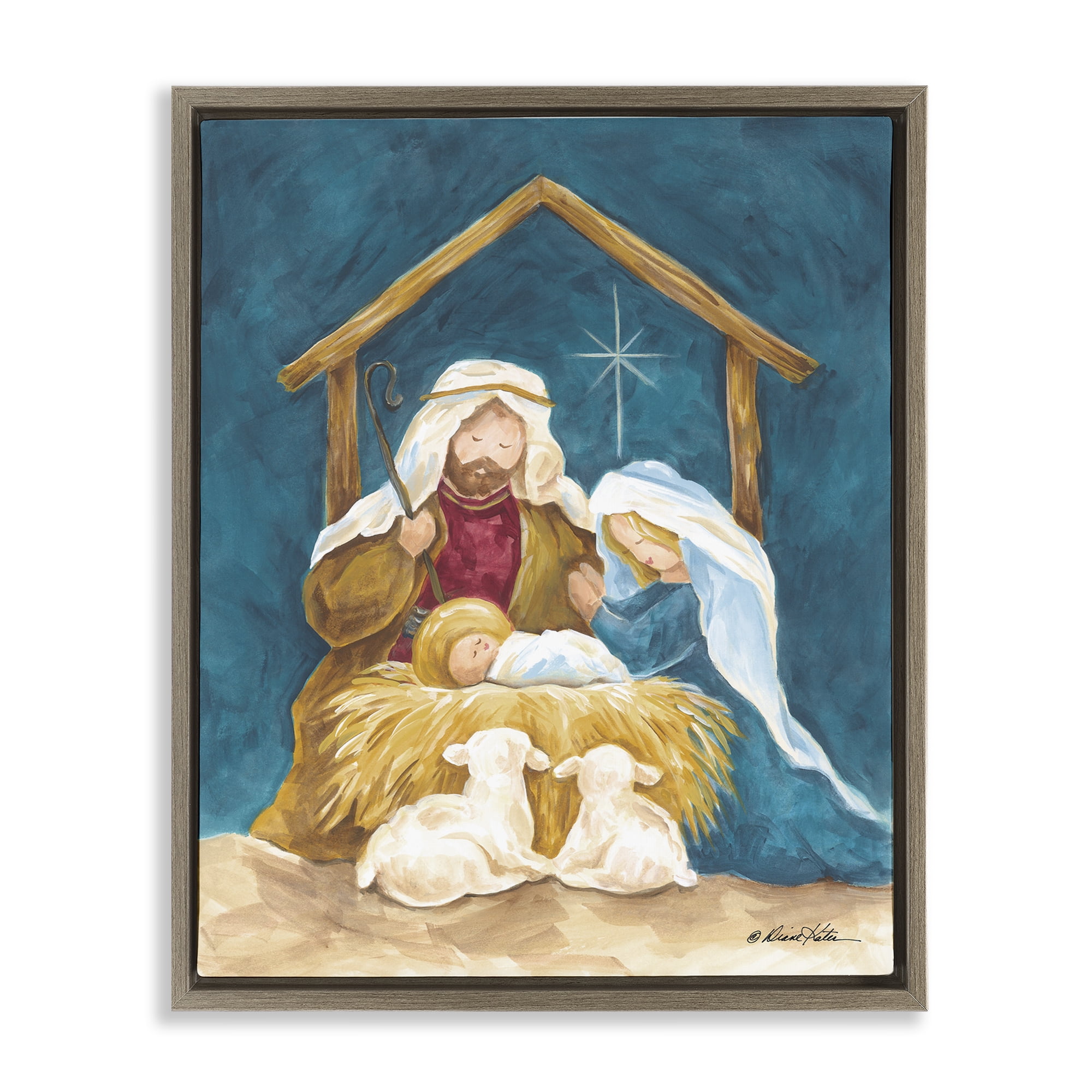 Comforting Nativity Painting Brown Framed Floater Canvas Wall Art, design by Diane Kater