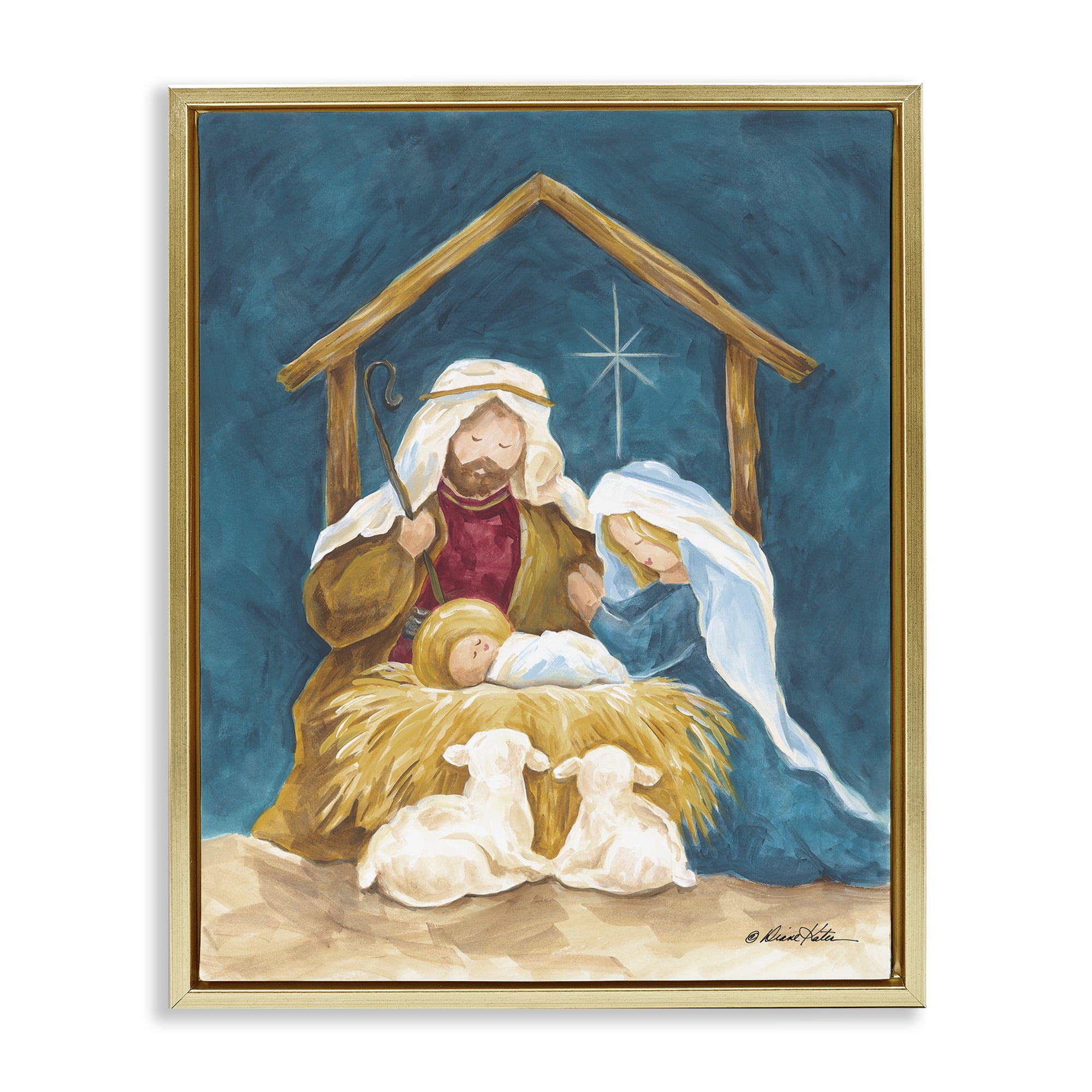 Comforting Nativity Painting Gold Framed Floater Canvas Wall Art, design by Diane Kater