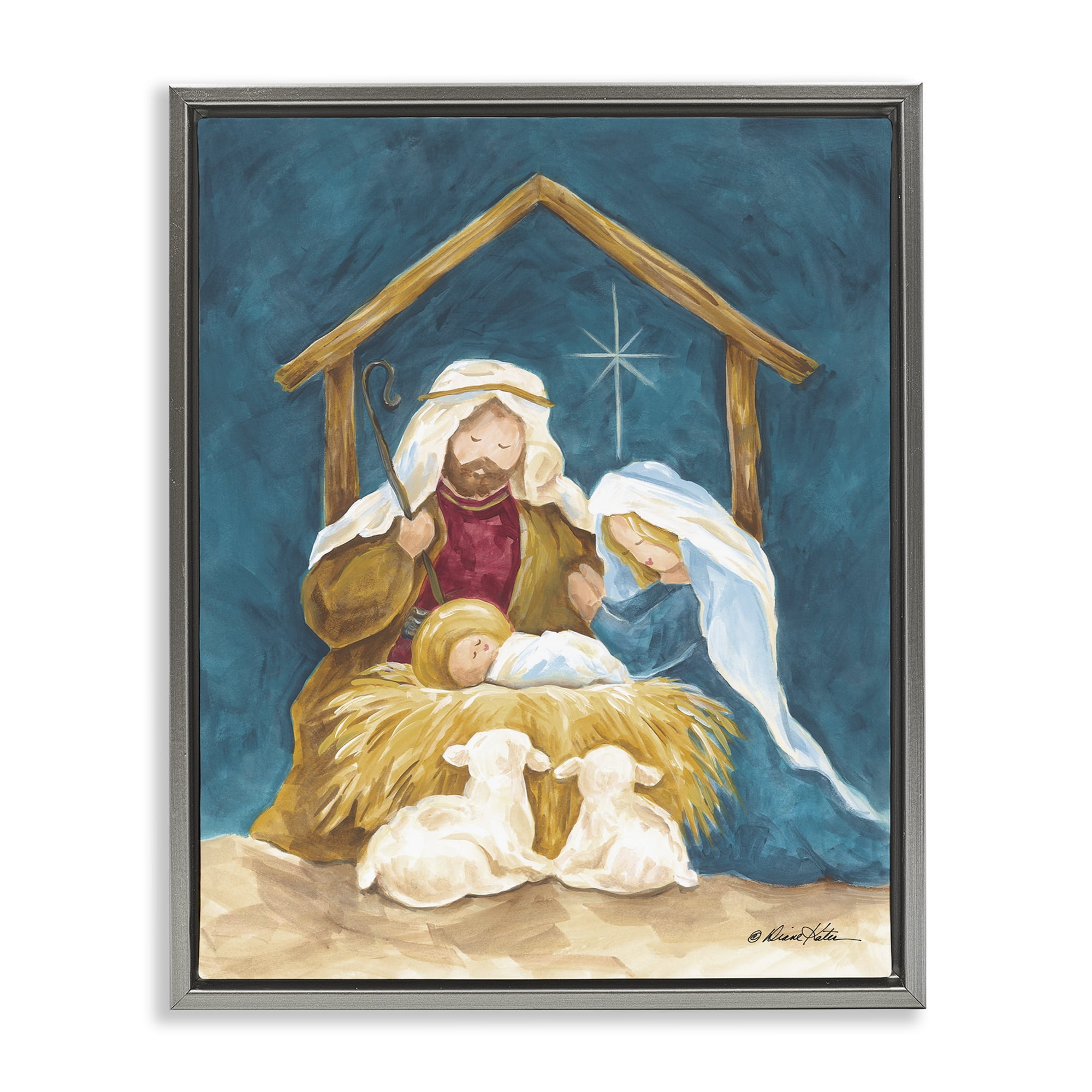 Comforting Nativity Painting Gray Framed Floater Canvas Wall Art, design by Diane Kater