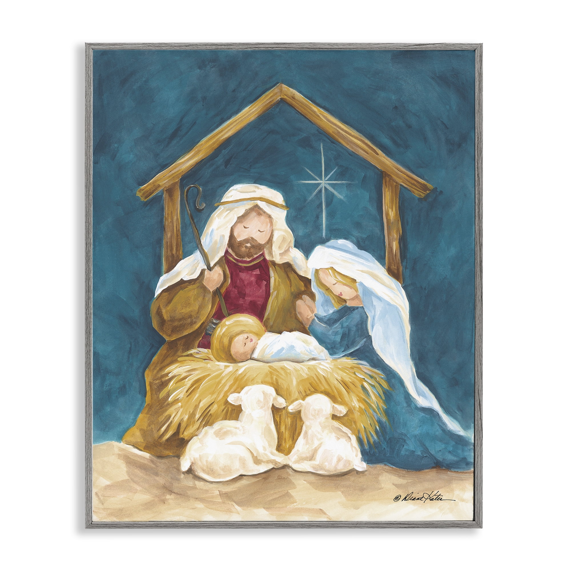 Comforting Nativity Painting Gray Framed Giclee Art, design by Diane Kater