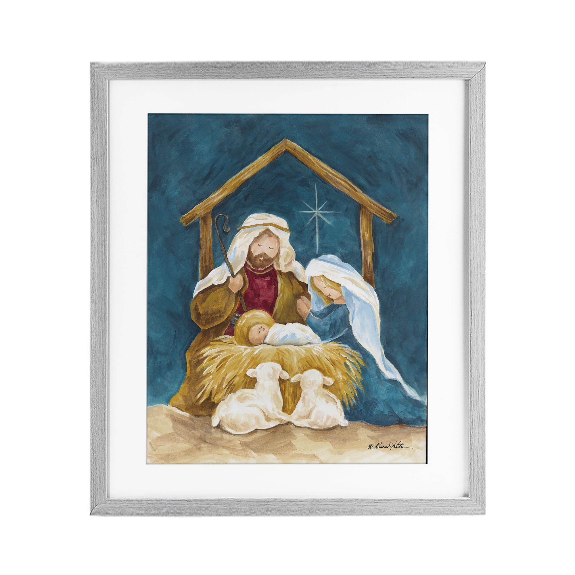 Comforting Nativity Painting Gray Framed Print Under Glass, design by Diane Kater