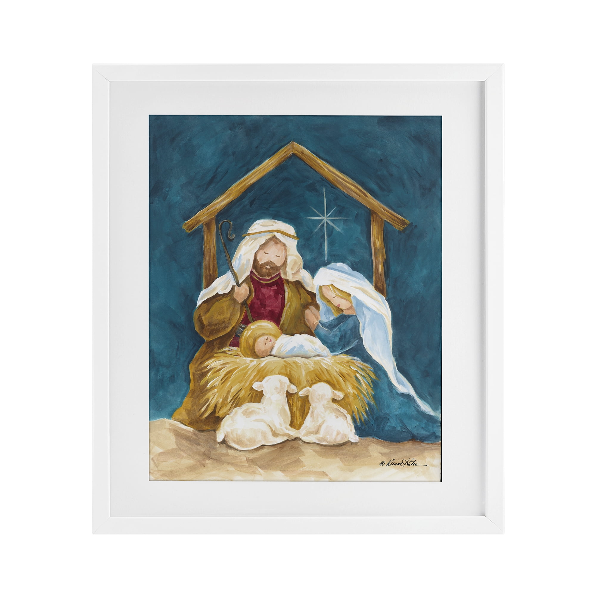 Comforting Nativity Painting White Framed Print Under Glass, design by Diane Kater