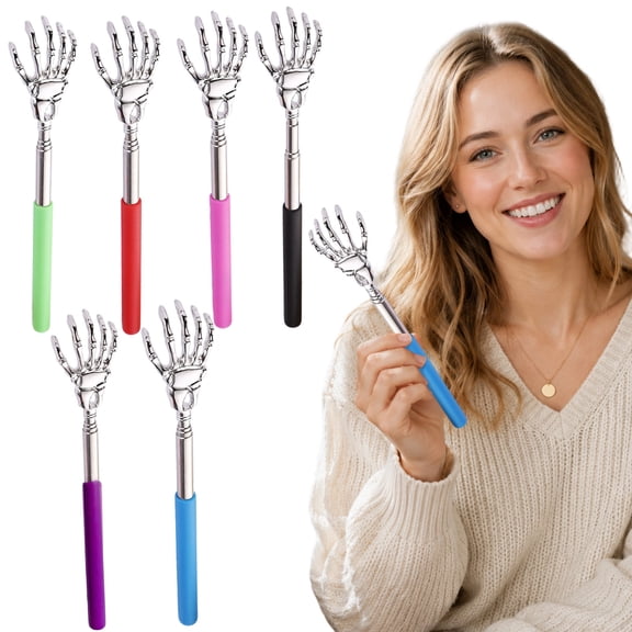 Comforting Tool, Stainless Steel Telescoping Skull Hand Back Scratcher, Pink Non-Slip Rubber Handle Compact Back Tickler, Novelty Skeleton Hand Halloween Gag Gift, 1-Pack Portable