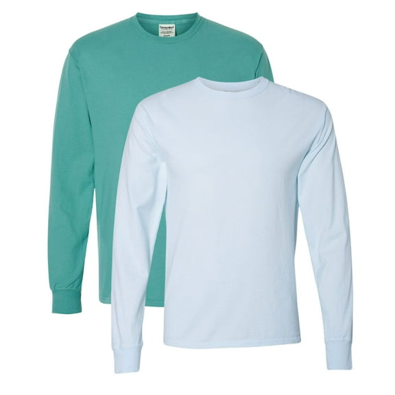 Comfortwash by Hanes Unisex Garment-Dyed Long Sleeve T-Shirt 100% Ring-Spun Cotton Plain Comfort Tee (Spanish-Moss+Soothing-Blue 2 Pack, XL)