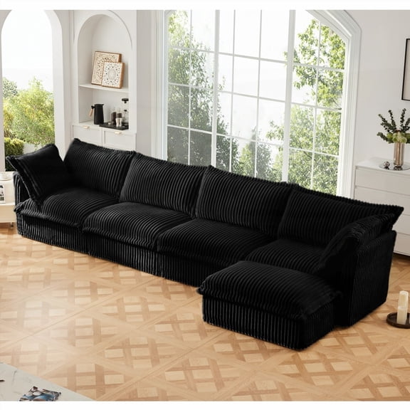 Comfy 4-Seater Sofa in Black Corduroy - Slipcovered with Supple Armrests & Deep Seat