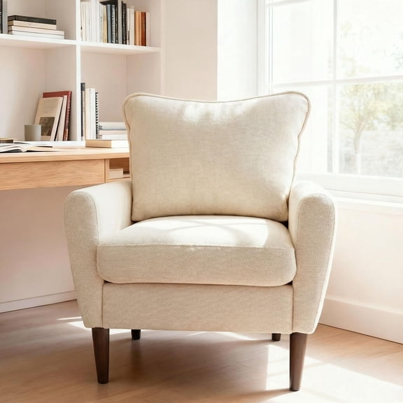 Comfy Accent Chair for Living Room Bedroom and Waiting Room, Upholstered Mid-Century Reading Chair with Pillow and Solid Wood Legs, Wide Singe Modern Lounge Sofa, Beige