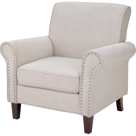 Comfy Accent Chair, Mid-Century Modern Fabric Living Room Chair Reading Chair with Soft Cushion, Nailhead Trim & Rolled Armrest, Arm Chair Sofa Chairs for Bedroom Waiting Room Office, Beige