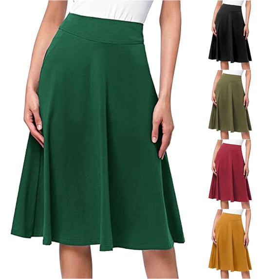 Comfy Basic Solid Color Stretch A Line Flared Knee Length Skirt Elastic Bed Skirt