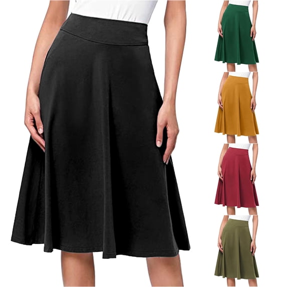 Comfy Basic Solid Color Stretch A Line Flared Knee Length Skirt Elastic Bed Skirt