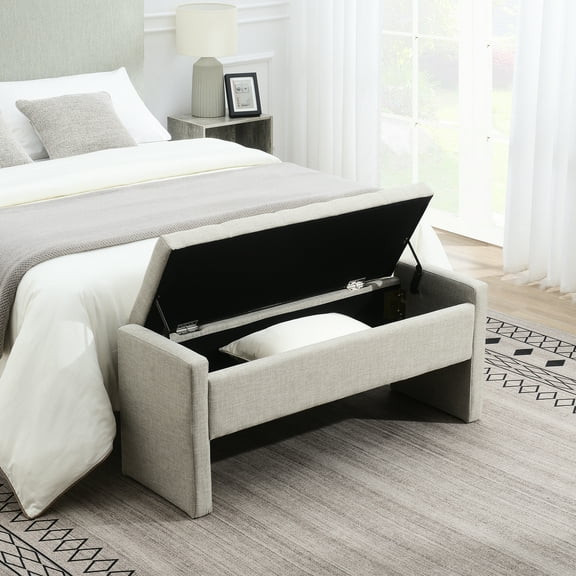 Comfy Bedroom Foot Rest Stool With Internal Storage - Grey Linen Fabric Coffee Table Bench Upholstery, Modern Style