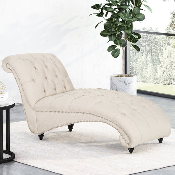 Comfy Beige Chaise Lounge, Curvy, Button , Diamond Stitched, Birch Wood Frame Stitch, Curvy Leg Encasing