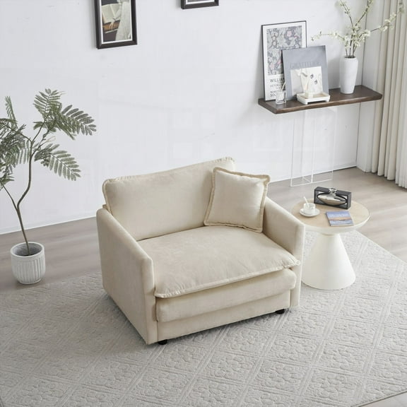 Comfy Beige Chenille Fabric Single Seat Sofa with 1 Toss Pillow & Sturdy Solid Wood Frame, Quality Sponge Inside