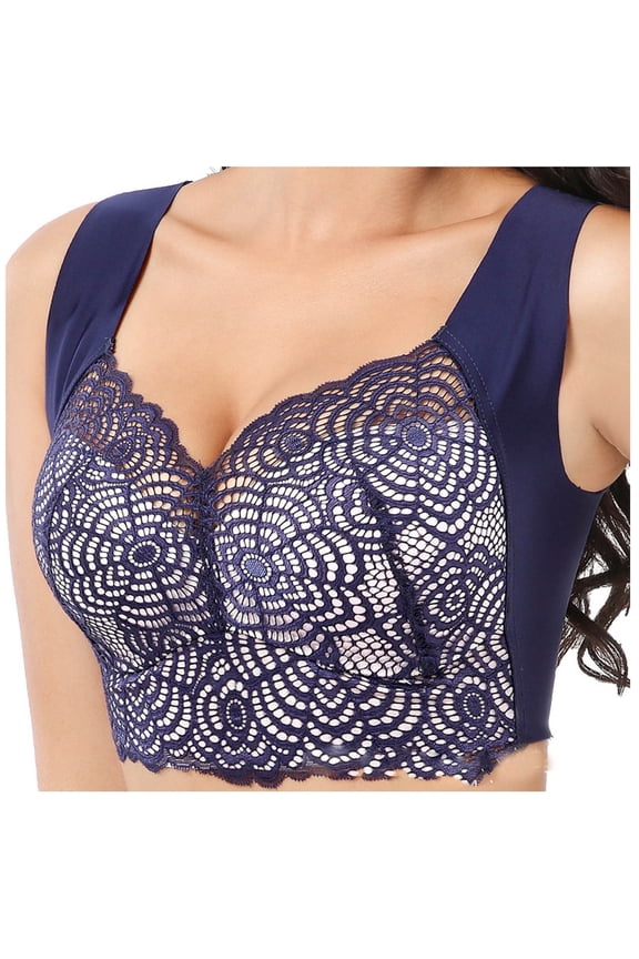 Comfy Bras for Lady Wirefree Women's Lace Bras, Seamless Smoothing Back Cropped Tank Tops Wide Shoulder Straps Comfortable Underwear T-Shirt Brassiere Blue M