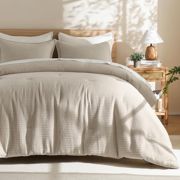 Comfy Breathable Waffle Weave Comforter with 2 Pillow Shams, 3 Pieces Less Snagging Lightweight Textured Bedding Set