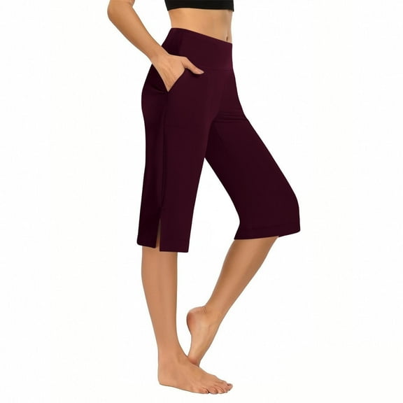Comfy Capris for Women Loose Fitted New Women's Wide Leg Yoga Capris High Waist Loose Fitted Workout Pants with Pockets Casual Lounge Trousers Wine M
