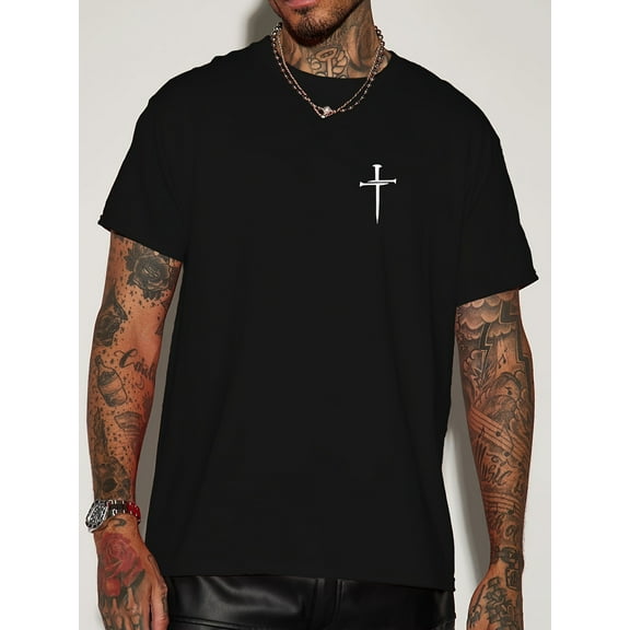 Comfy Casual Cross Print Short Sleeve T-Shirts - Men's Elastic Crew Neck Tops For Outdoor Activities
