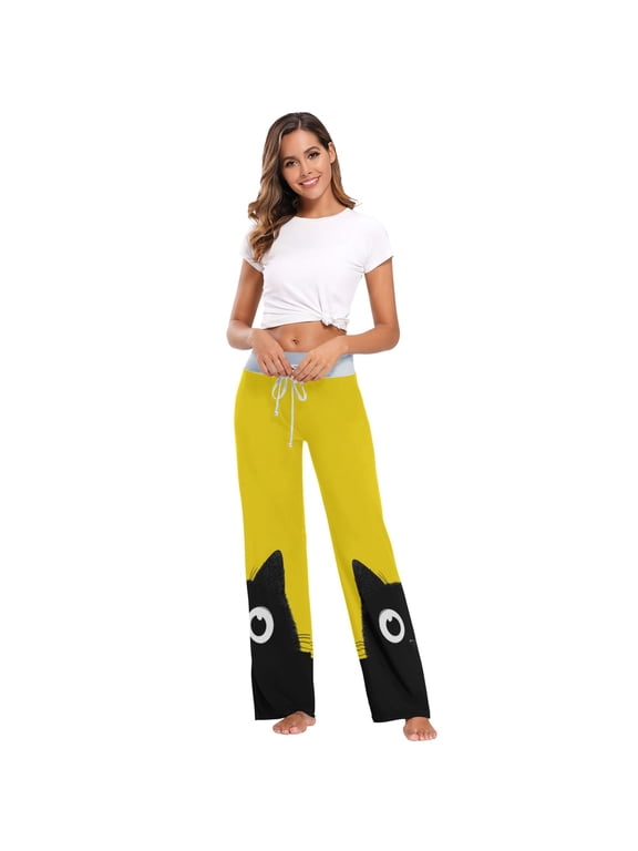 Comfy Casual Women's Pajama Pants Print Wide Leg A Cute Black Cat