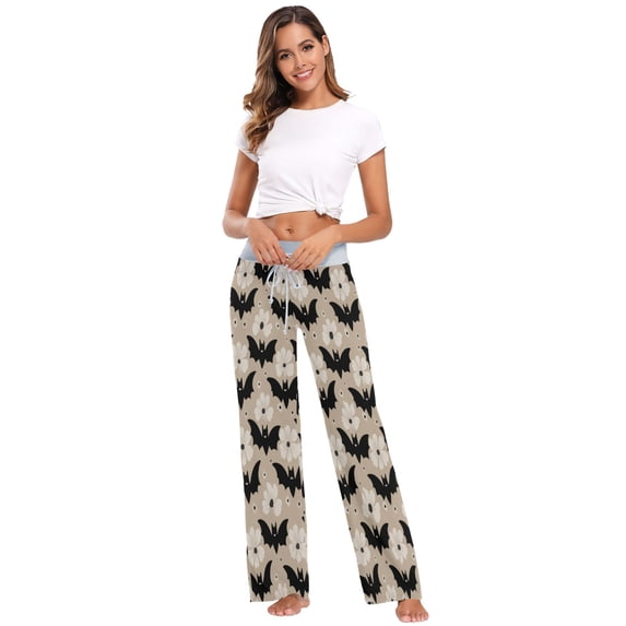 Comfy Casual Women's Pajama Pants Print Wide Leg Bats White Flowers