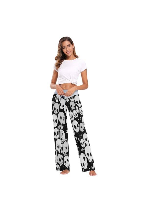 Comfy Casual Women's Pajama Pants Print Wide Leg Black White Color Skulls