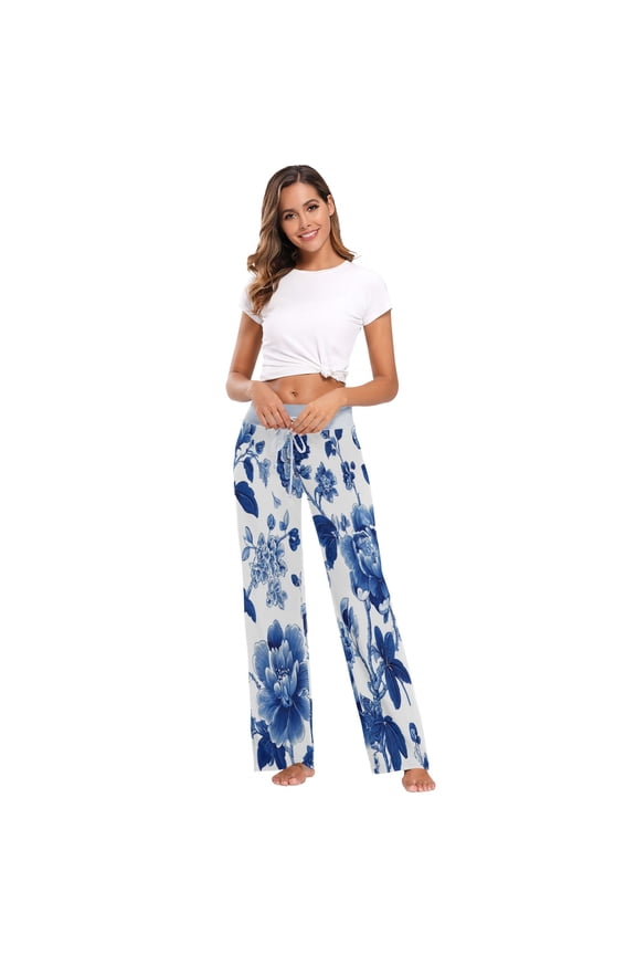 Comfy Casual Women's Pajama Pants Print Wide Leg Blue White Porcelain Pattern