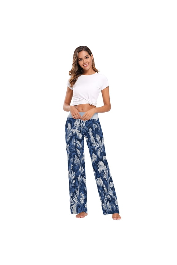 Comfy Casual Women's Pajama Pants Print Wide Leg Dark Blue Acanthus Leaves