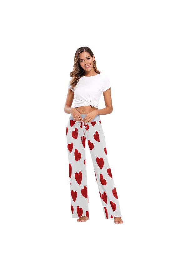 Comfy Casual Women's Pajama Pants Print Wide Leg Red Heart-shaped Pattern