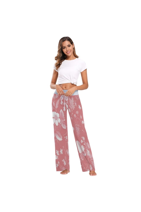 Comfy Casual Women's Pajama Pants Print Wide Leg Red Strawberry