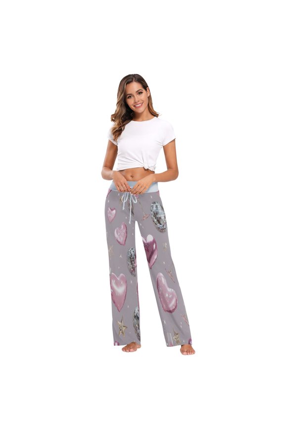 Comfy Casual Women's Pajama Pants Print Wide Leg Silver Hearts Disco Balls Pattern