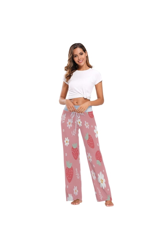 Comfy Casual Women's Pajama Pants Print Wide Leg Strawberry