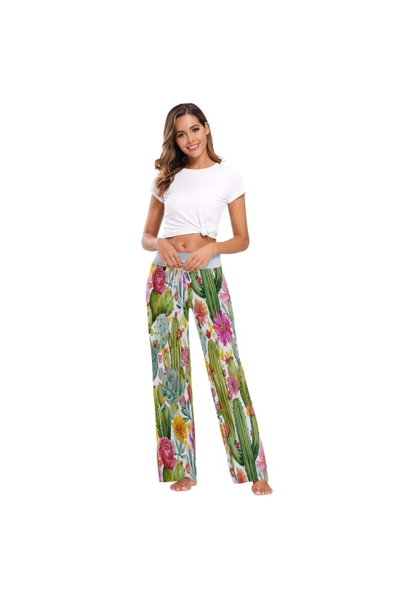 Comfy Casual Women's Pajama Pants Print Wide Leg Various Florals & Cacti