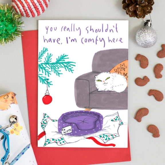 Comfy Cat Holiday Card You Really Shouldnt Have, Im Comfy Here Design Perfect for Pet Lovers, Includes Envelope, Blank Inside for Personal Messages