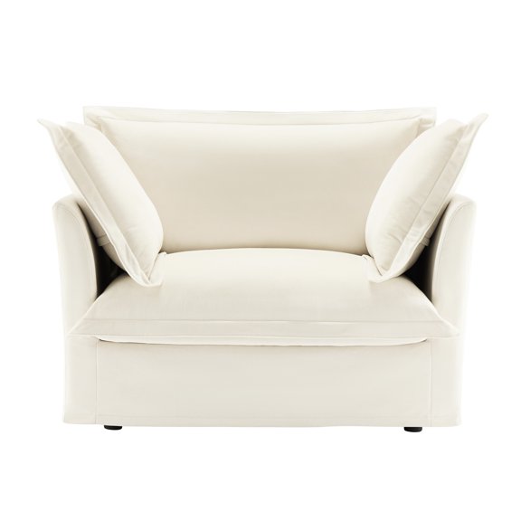 Comfy Chair. Chenille, Cream. Deep Seat For Luxury Experience Cream Chenille Armchair With 1 Big Back Cushion & 2 Toss Pillows. Comfort. Elegant Natural Style