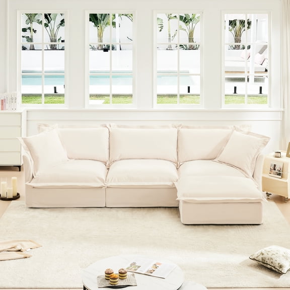 Comfy Chenille Deep Seat Sectional, L-shaped With Pillows, Cream Modern 3 Seater Slipcovered , Couch Pillows For Office,
