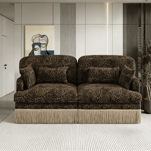 Comfy Chenille Leopard Print Loveseat Sofa with Tassel Edge, Modular Sectional Couch, Ergonomic Design for Living Room,Brown black