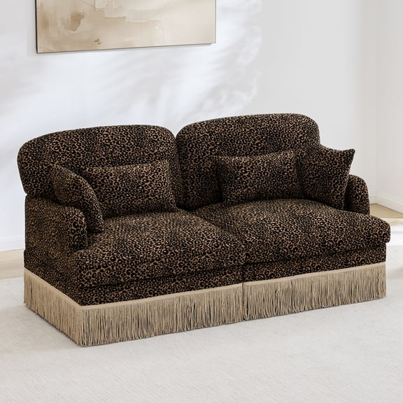 Comfy Chenille Leopard Printing Loveseat Sofa,Delicate Tassel Edge,Modern Fashion Modular Sectional Couch,Ergonomic Back and Seat Design, Easy Assembly,Deep Seat Couch for Living Room,Brown black