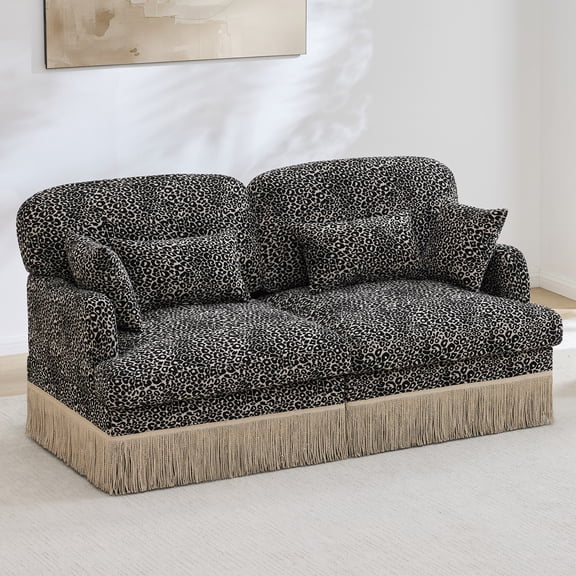Comfy Chenille Leopard Printing Loveseat Sofa,Delicate Tassel Edge,Modern Fashion Modular Sectional Couch,Ergonomic Back and Seat Design, Easy Assembly,Deep Seat Couch for Living Room,Khaki black