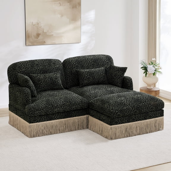 Comfy Chenille Leopard Printing Loveseat Sofa,Delicate Tassel Edge,Movable Ottoman,Modern Fashion Style,Ergonomic Back and Seat Design,Easy Assembly,Deep Seat Couch for Living Room,Green black