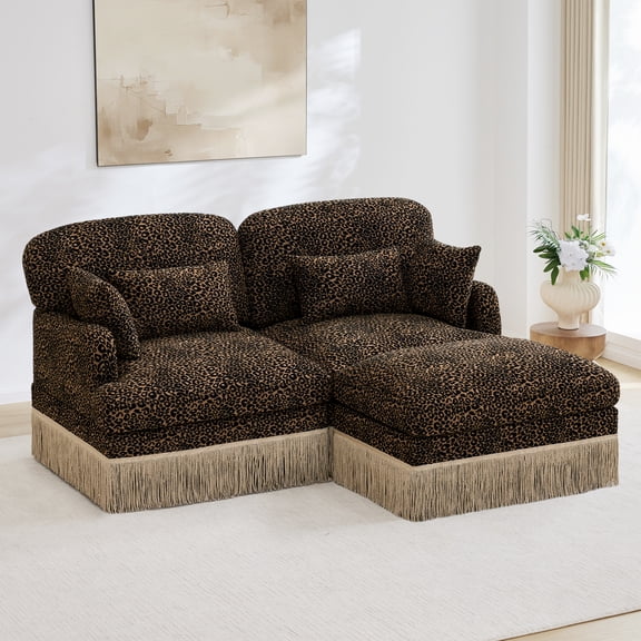 Comfy Chenille Leopard Printing Loveseat Sofa,Delicate Tassel Edge,Movable Ottoman,Modern Fashion Style,Ergonomic Back and Seat Design, Easy Assembly,Deep Seat Couch for Living Room,Brown black