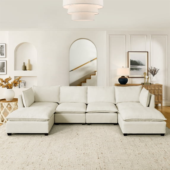 Comfy Cloud Couch Sectional 4 Seat Sofa with 2 Ottoman, Chenille Sofa Sleeper Deep Seat Sofa with Throw Pillows for Living Room (Beige)