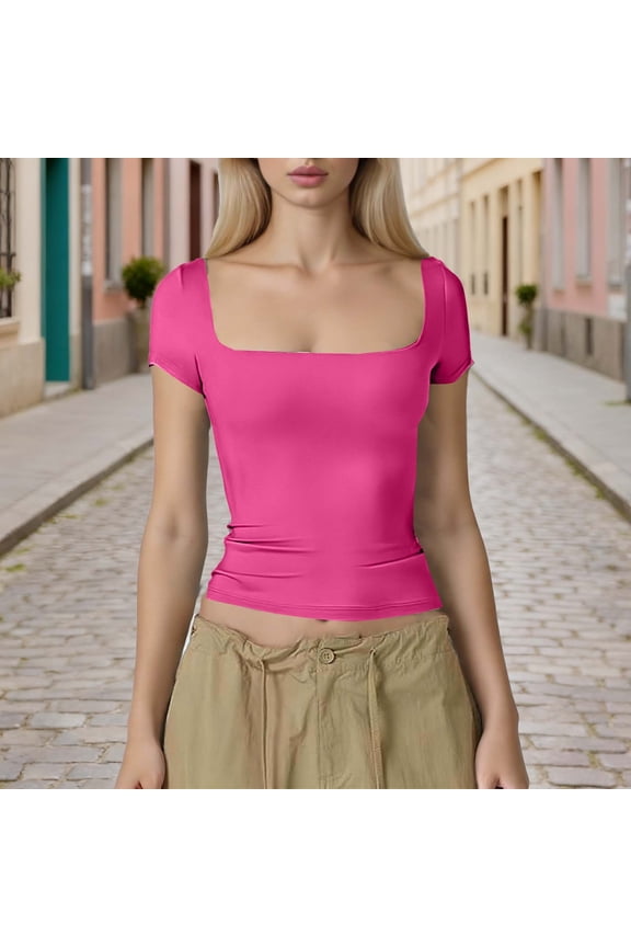 Comfy Colors Tshirt Women's Squares Neck Short Sleeve T-Shirt Basic Slim Fitting Stretchy Casual Workout Tee Tops L