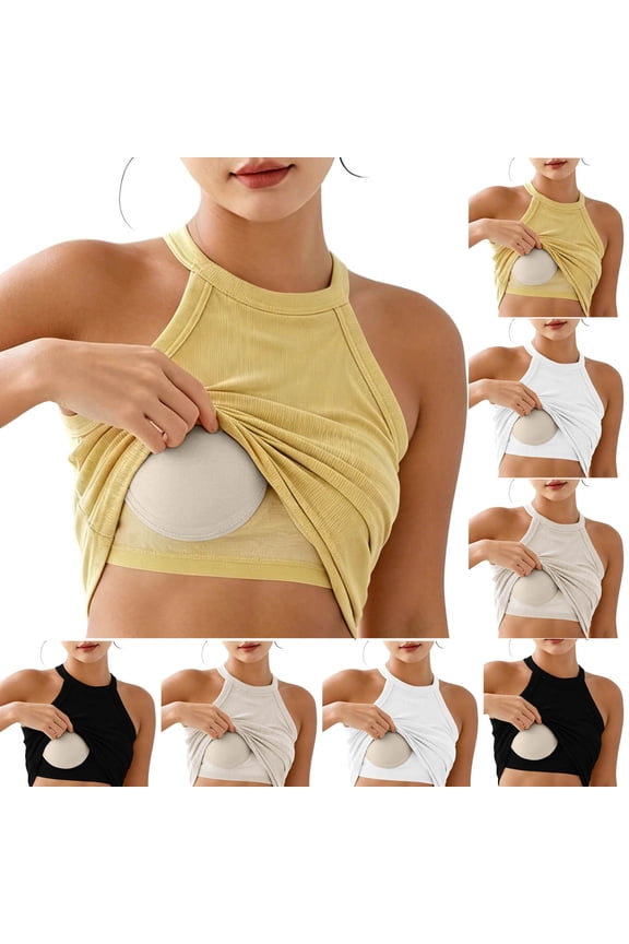 Comfy Comfy Boutique Halter Neck Built in Bra Tank Top - Ribbed Viscose Crop Cami - Fixed Padded Brami for Women