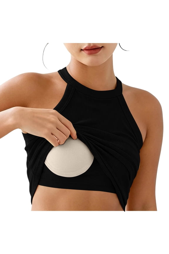 Comfy Comfy Boutique Halter Neck Built in Bra Tank Top - Ribbed Viscose Crop Cami - Fixed Padded Brami for Women