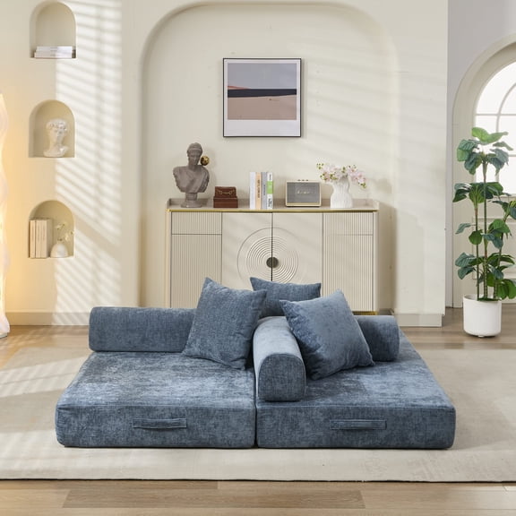 Comfy Convertible Folding Mattress Couch Bed - Blue Chenille Floor Sofa with Armrest, 78.8" L, Versatile Sleeper for Living Room, Studio, Gaming, No Assembly