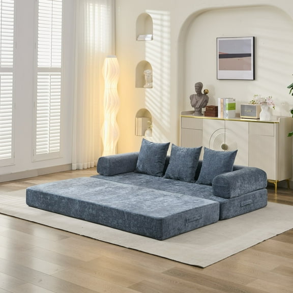 Comfy Convertible Folding Mattress Couch, Floor Sofa Bed, Chenille Floor Sofa with Armrest, Floor Sofa Lounge Couch for Living Room Bedroom Lounge Studio (Blue)