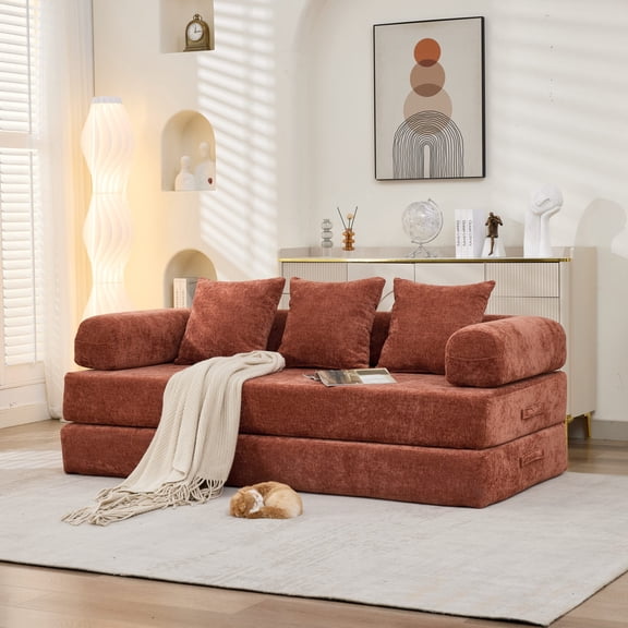 Comfy Convertible Folding Mattress Couch, Floor Sofa Bed, Chenille Floor Sofa with Armrest, Floor Sofa Lounge Couch for Living Room Bedroom Lounge Studio-Orange
