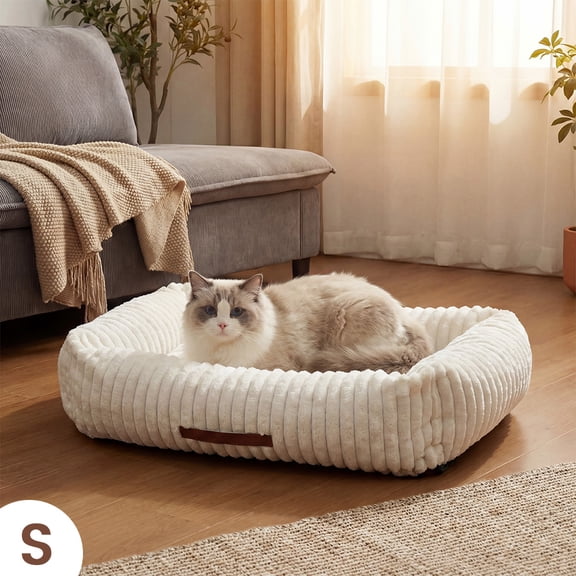 Comfy Corduroy Bolster Pet Bed, Dog Bed & Cat Bed, Striped Fleece Rectangle Pet Bed with Raised Rim, Washable Soft Plush Puppy Bed,Beige