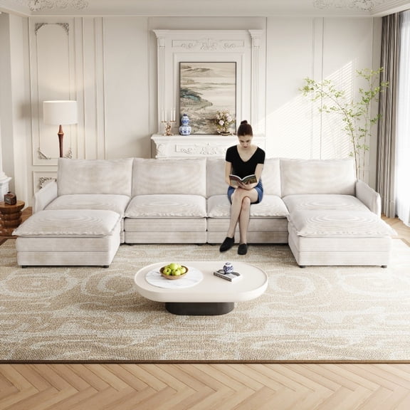 Modern Corduroy 4-Seater U-Shaped Couch with Moveable Footrest, Oversized Deep Seat