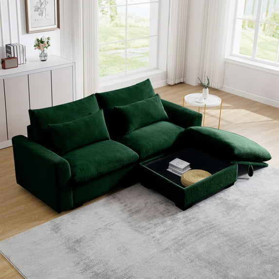 Comfy Corduroy Sectional Couches for Living Room,Modern Corduroy Couch with Pillows and Round Armrests,Sleeper Couches with Storage Ottoman,Green,2-Seat